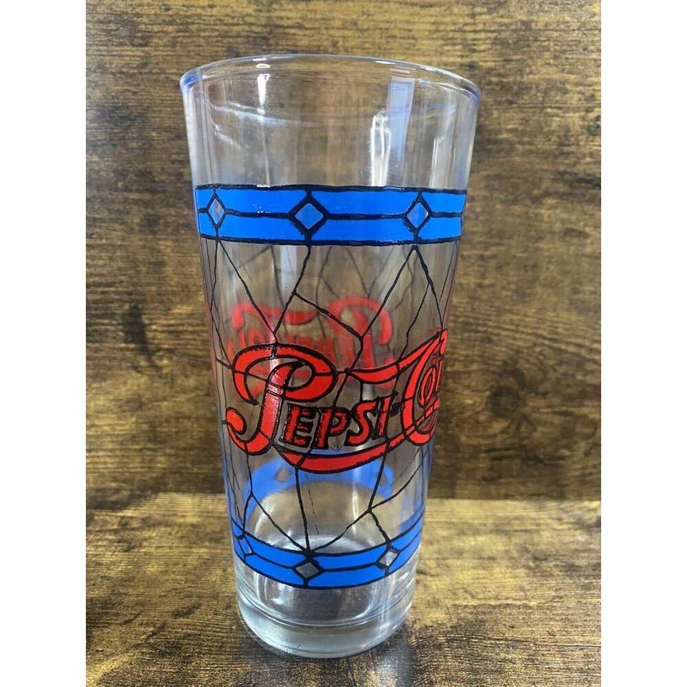 Vintage Pepsi-Cola Stained Tiffany Style Drinking Glass Cup 1970 16oz